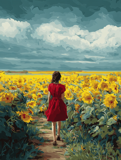 Woman in Red, Yellow Field