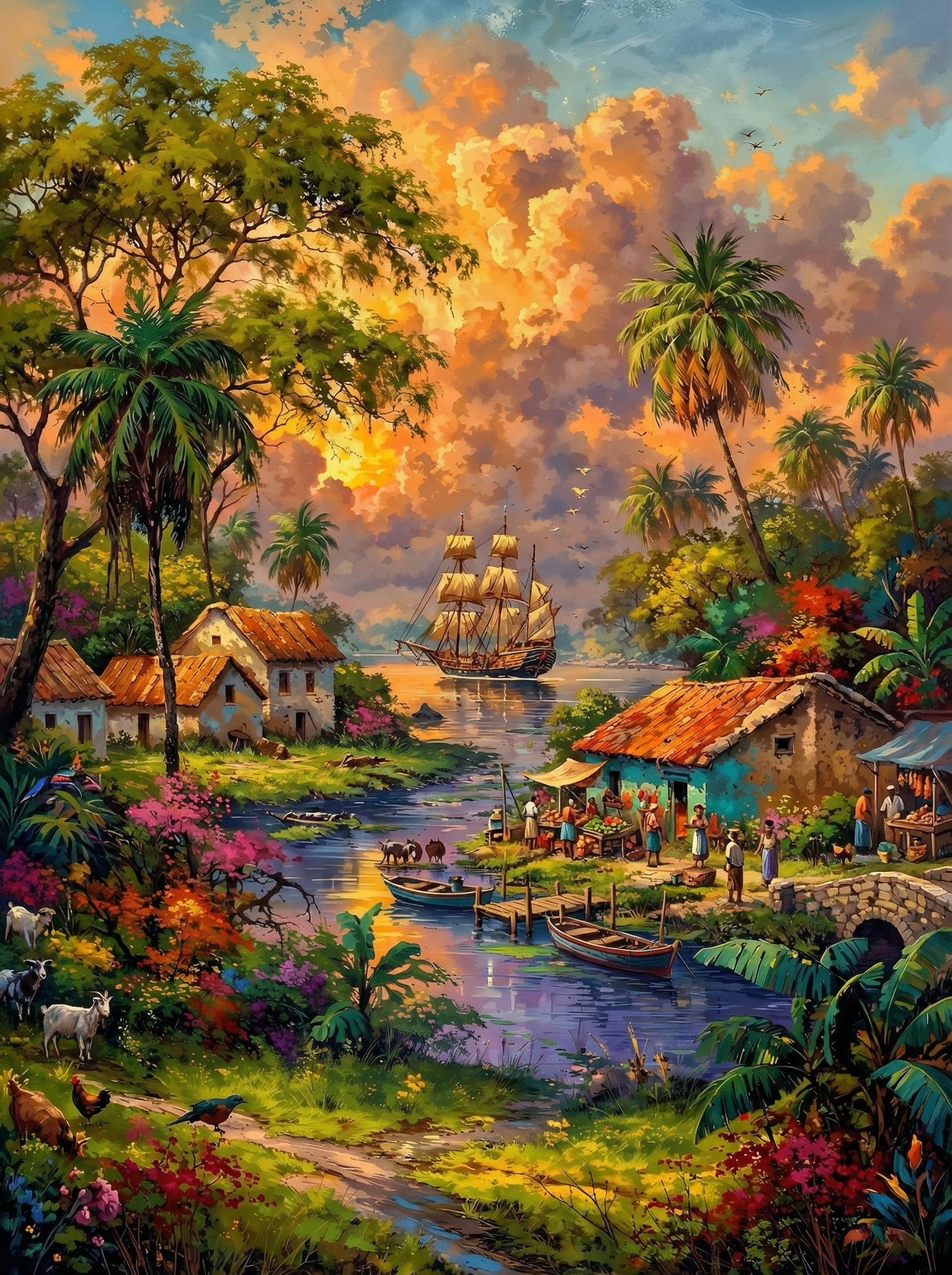 Tropical Sunset Village Ship (120 Colors)