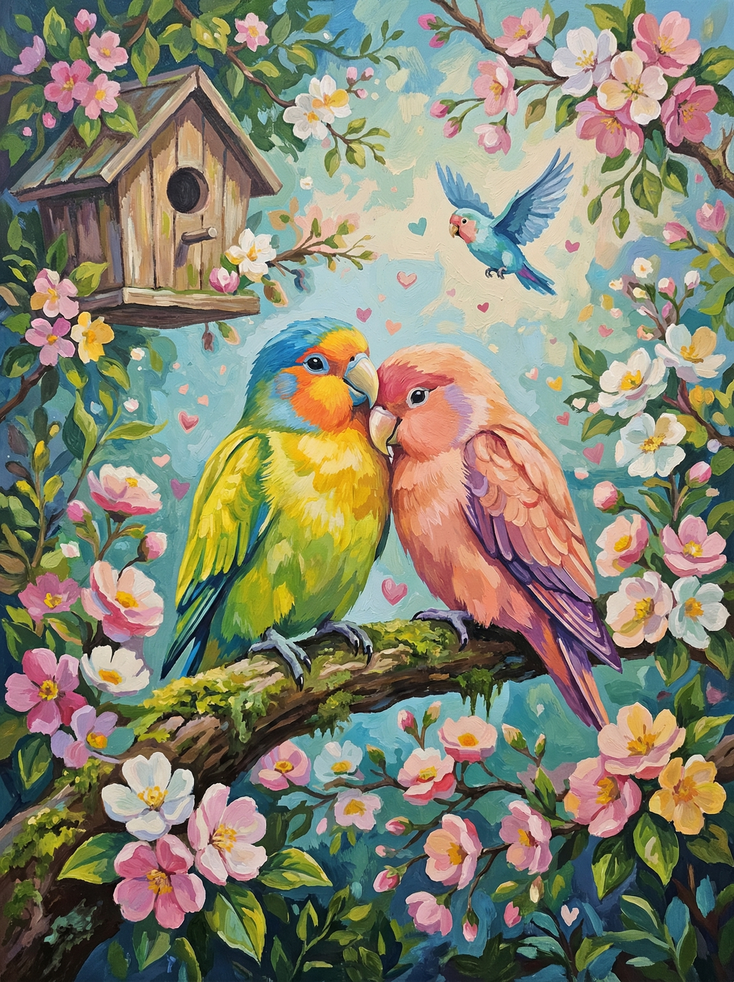 Colorful Parrots And Blossoms
