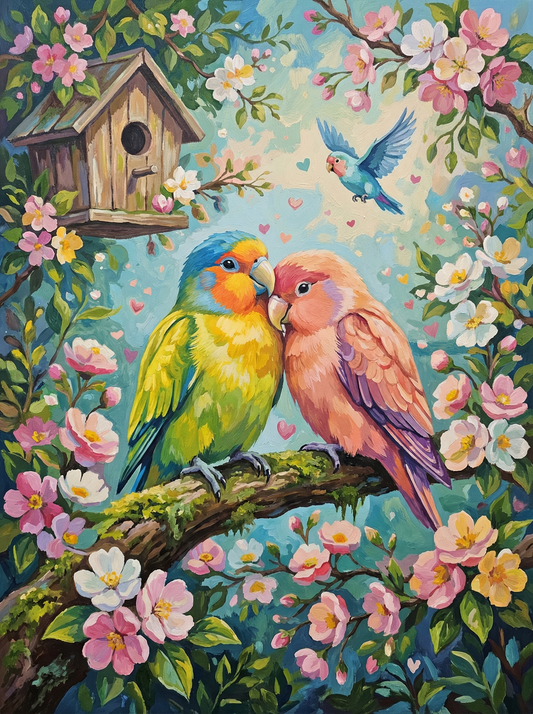 Colorful Parrots And Blossoms