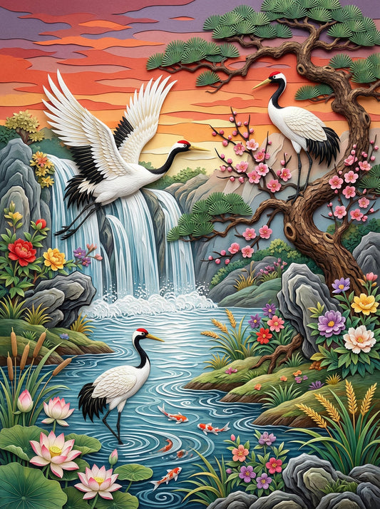 Cranes And Waterfall