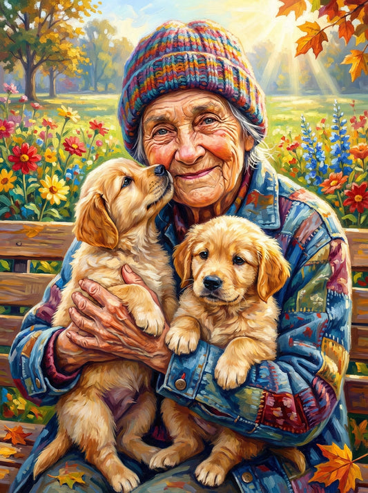 Elderly Woman Holding Golden Retrievers (80 Colors)