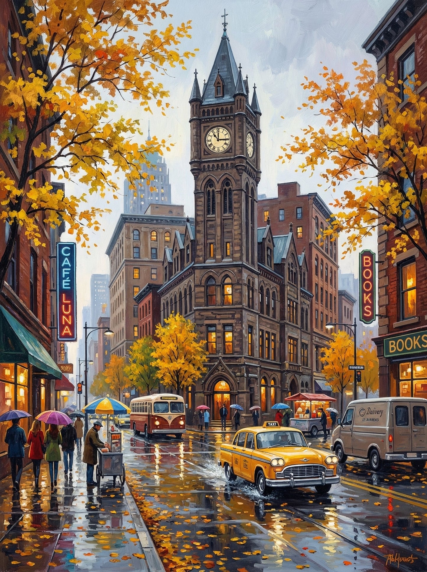Rainy City Clock Tower Taxi Street
