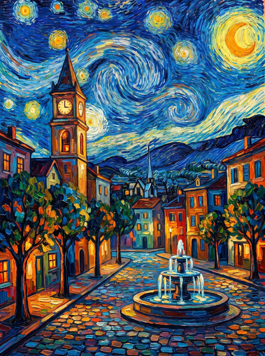 Starry Village Fountain Night