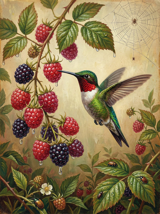 Hummingbird And Raspberries