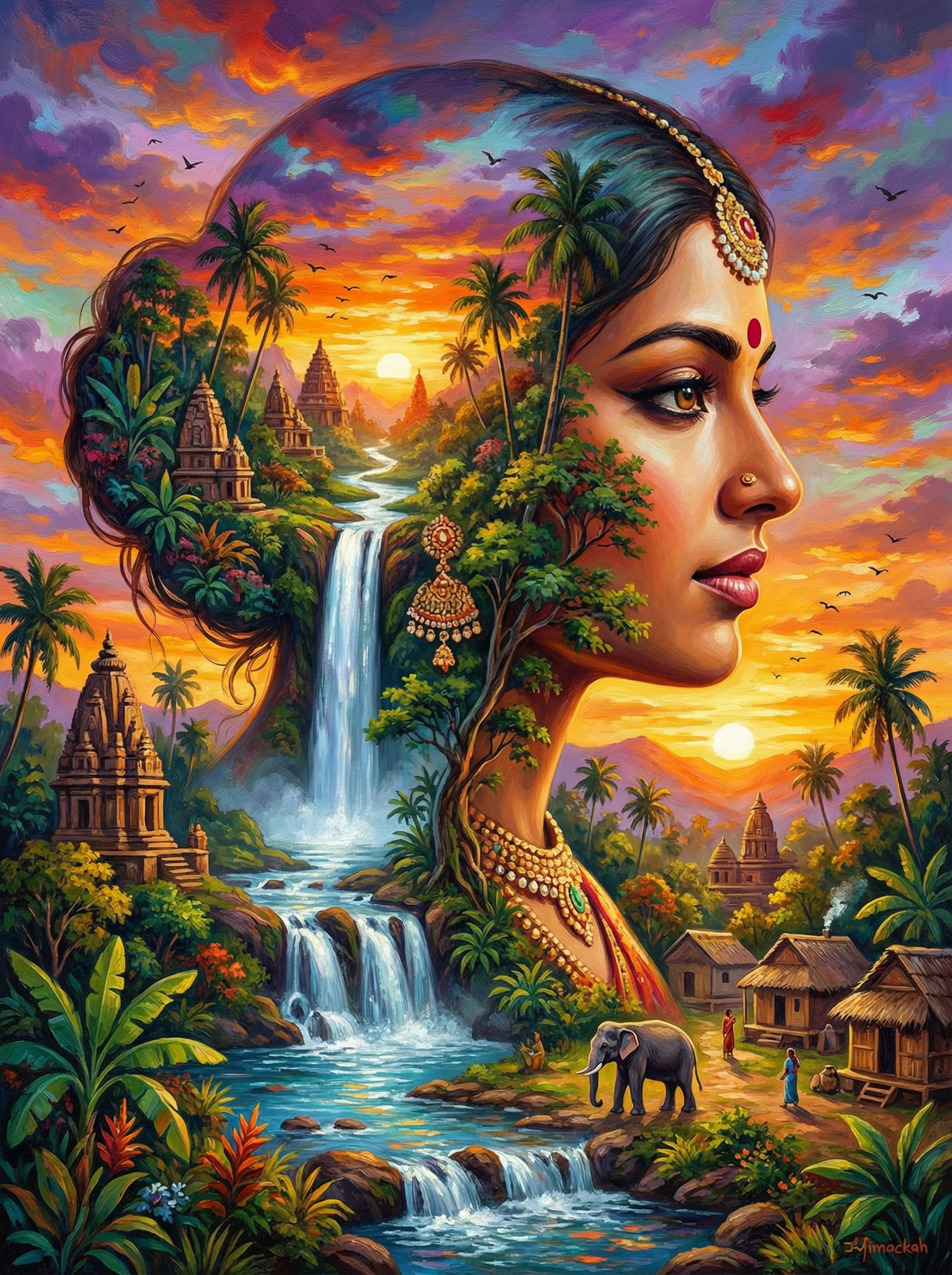 Indian Temple Waterfall Portrait (80 Colors)