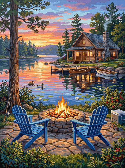 Lakeside Cabin Fireplace Sunset
