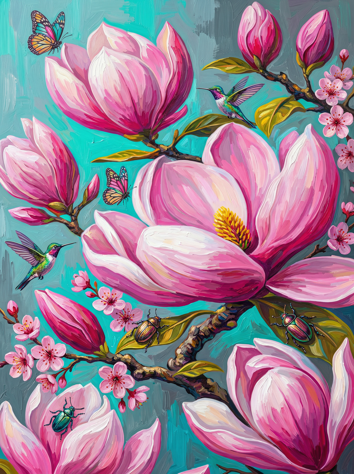 Magnolia Blossoms With Butterflies