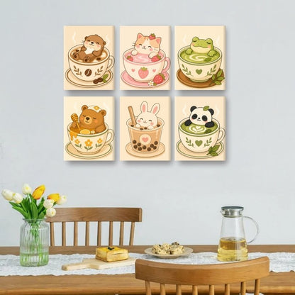 6 Mini Paintings - Animals in Cups Set