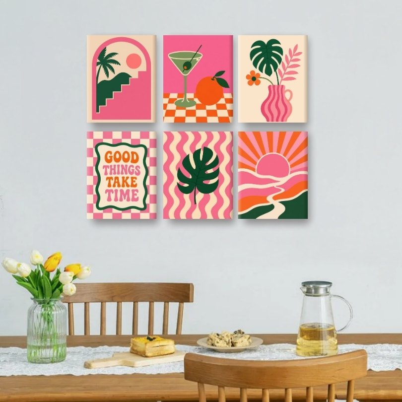 6 Mini Paintings - Retro Pink Vibes Set
