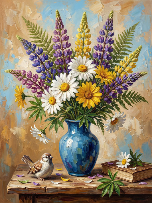 Purple Lupine Blue Vase