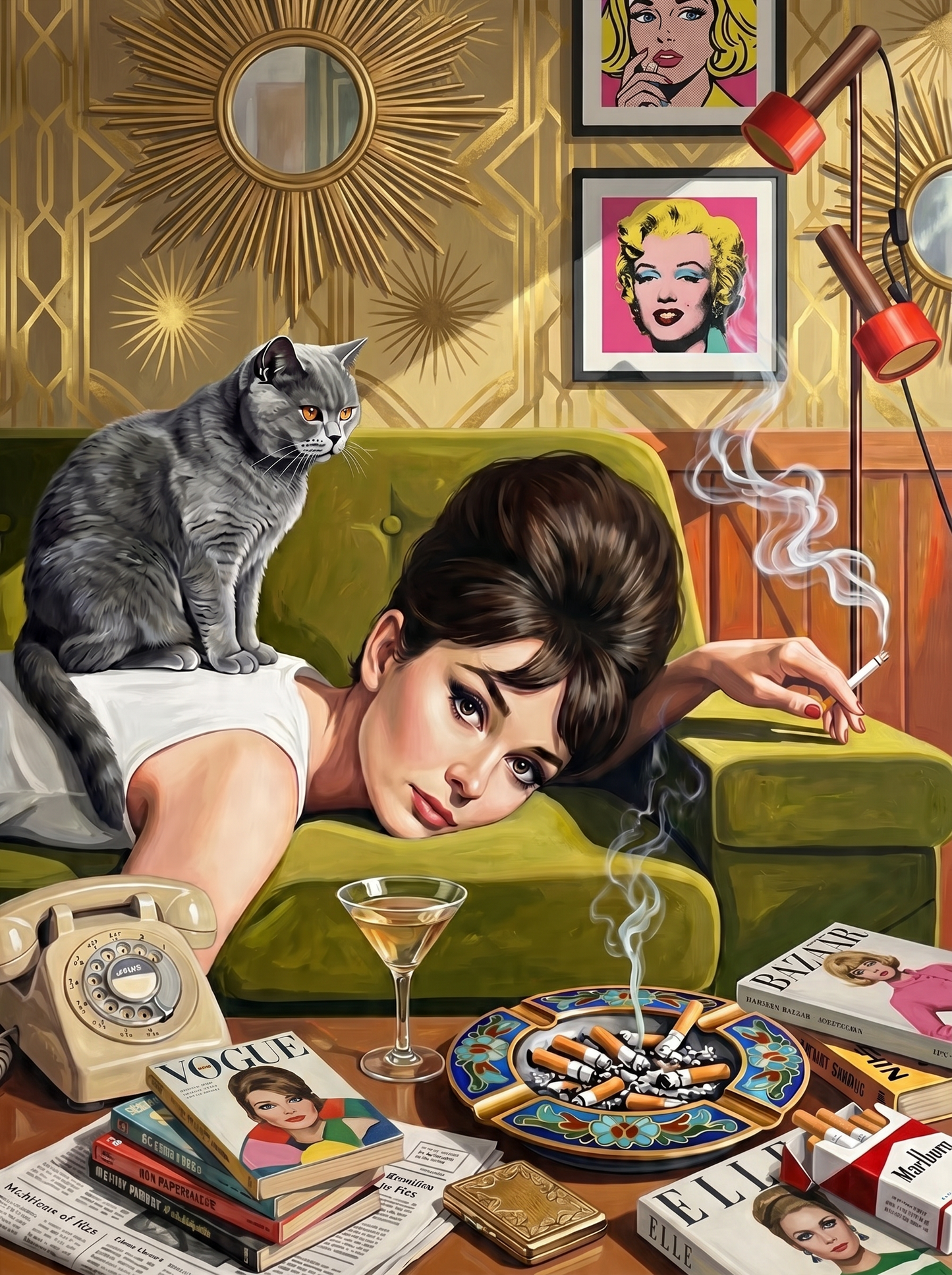Retro Pinup With Cat (80 Colors)