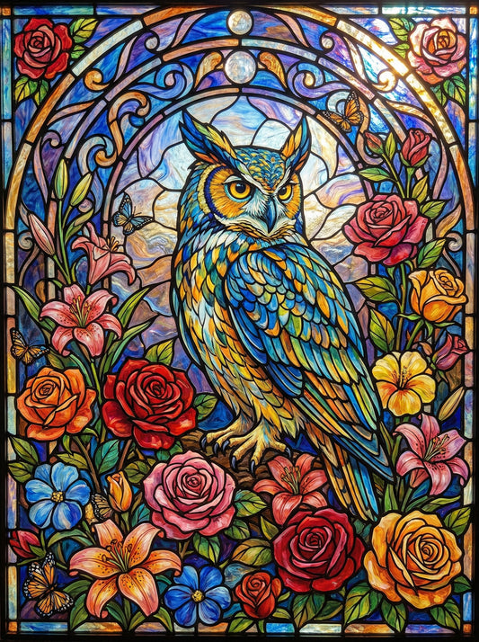 Stained Glass Owl Roses