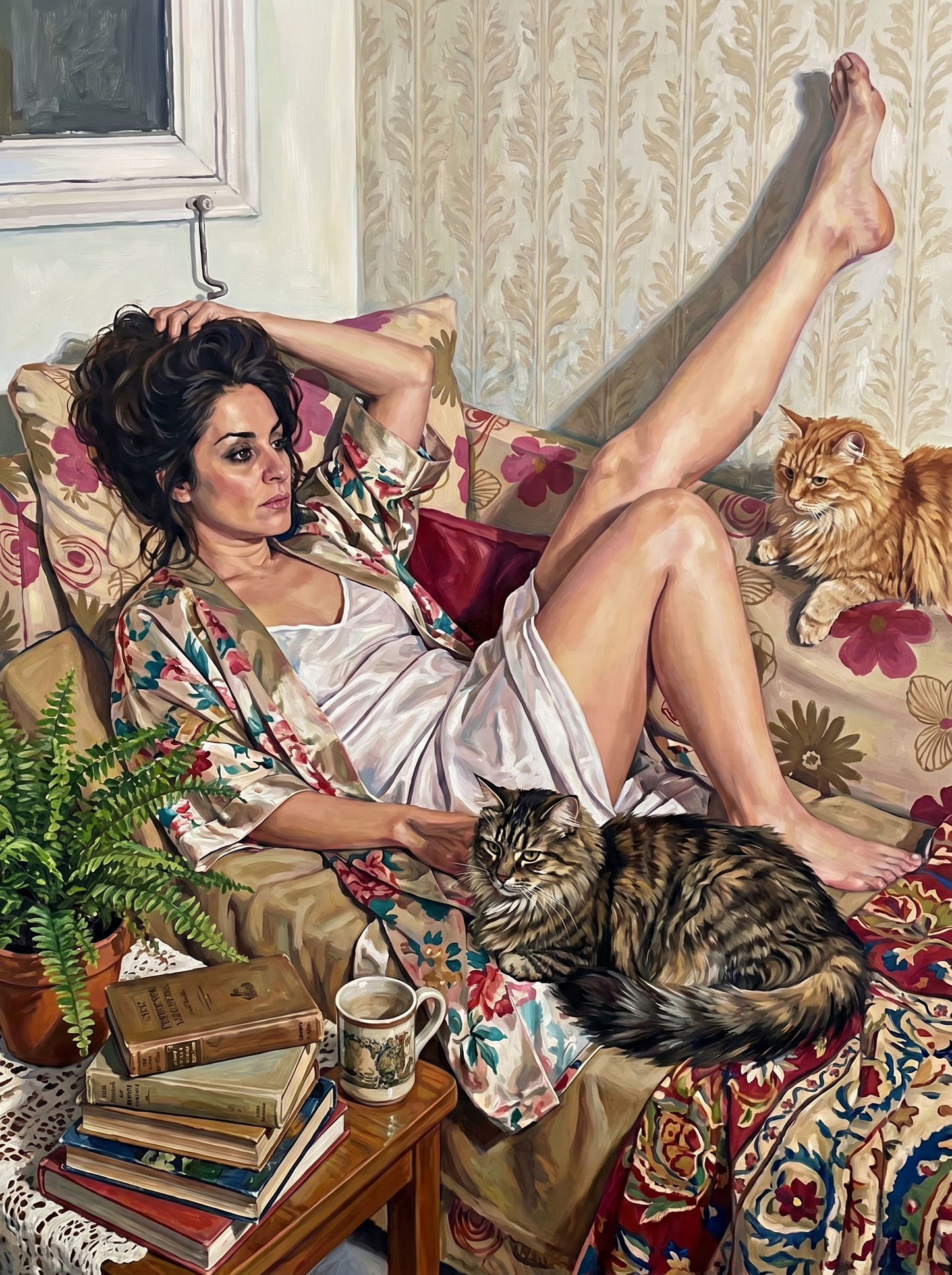 Woman Reclining With Cats (120 Colors)