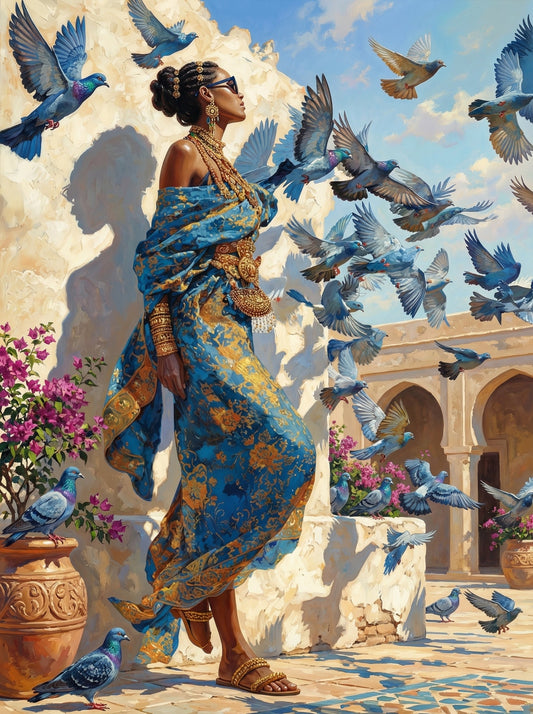 Woman With Flying Blue Birds (120 Colors)