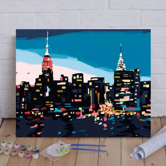 New York Skyline at Dusk in Navy Blue Teal and Pink Paint By