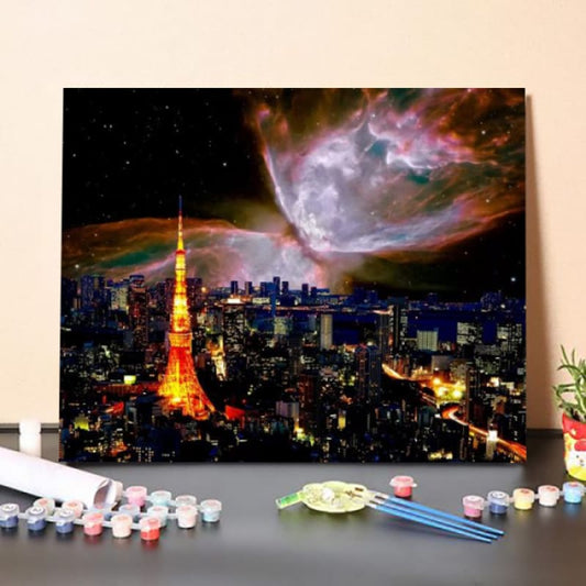 Paint by Numbers Kit – Tokyo Japan Butterfly Nebula Skyline